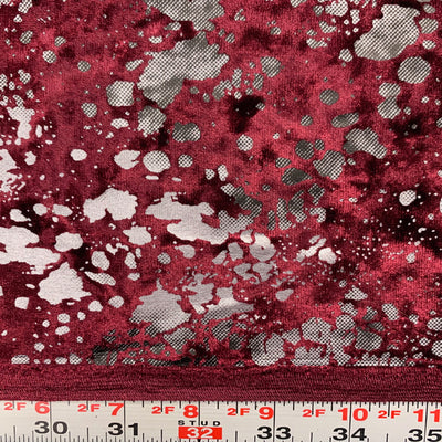 Sutton BURGUNDY Splatter Print on Polyester Stretch Velvet for Bows, Topknot, Scrunchies, Clothes, Costumes, Crafts - 10171
