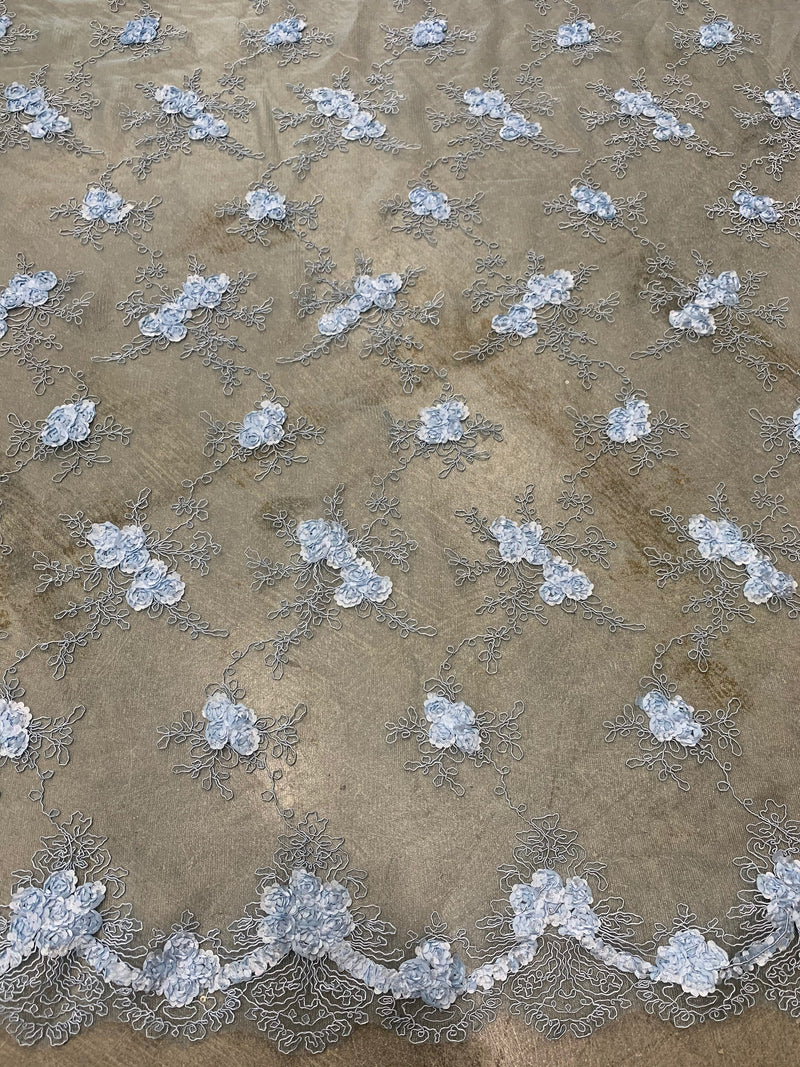 Andrea LIGHT BLUE 3D Floral Matte Corded Embroidery on Mesh Lace Fabric by the Yard - 10016