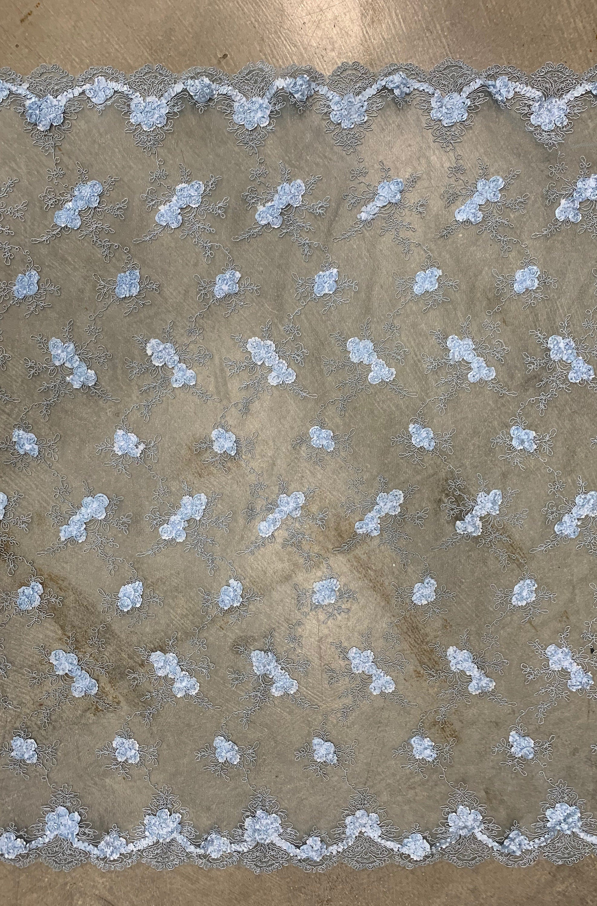 Andrea LIGHT BLUE 3D Floral Matte Corded Embroidery on Mesh Lace Fabric by the Yard - 10016
