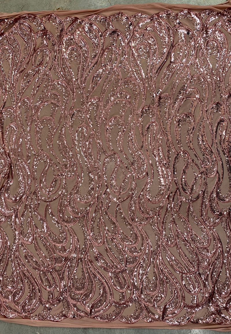 Lorelei DUSTY PINK Swirls Sequins on Mesh Lace Fabric by the Yard - 10133
