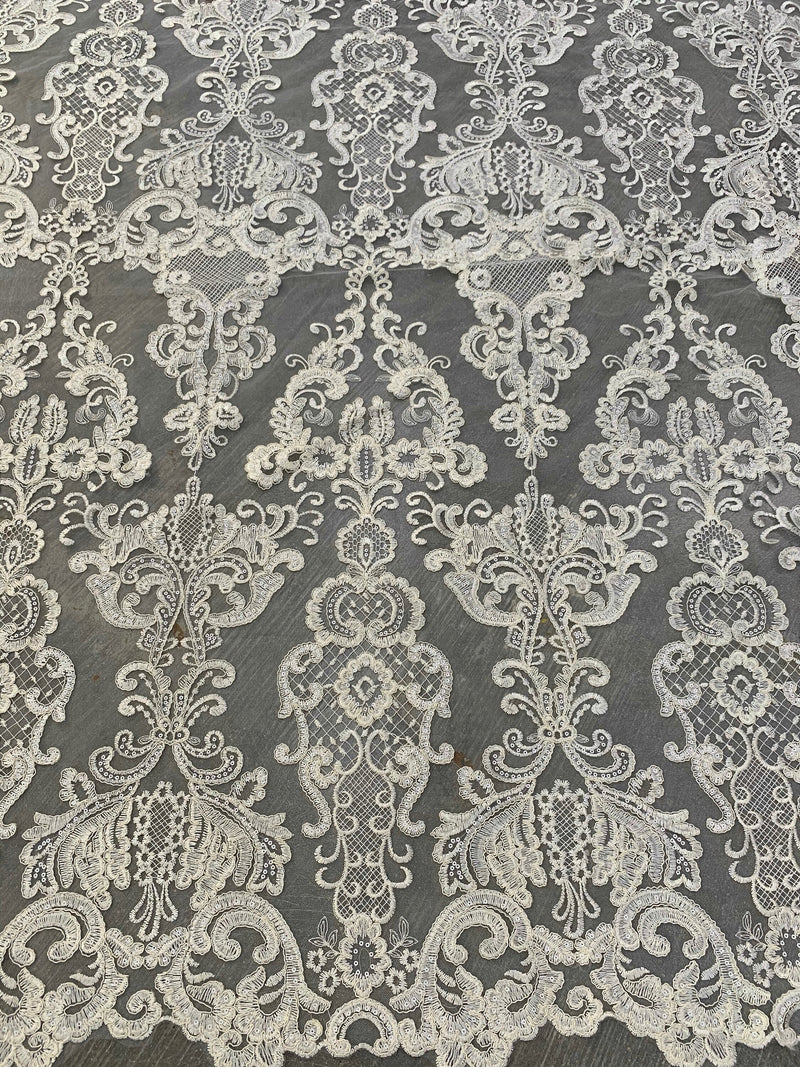 Vivian IVORY Polyester Embroidery with Sequins on Mesh Lace Fabric by the Yard for Gown, Wedding, Bridesmaid, Prom - 10003