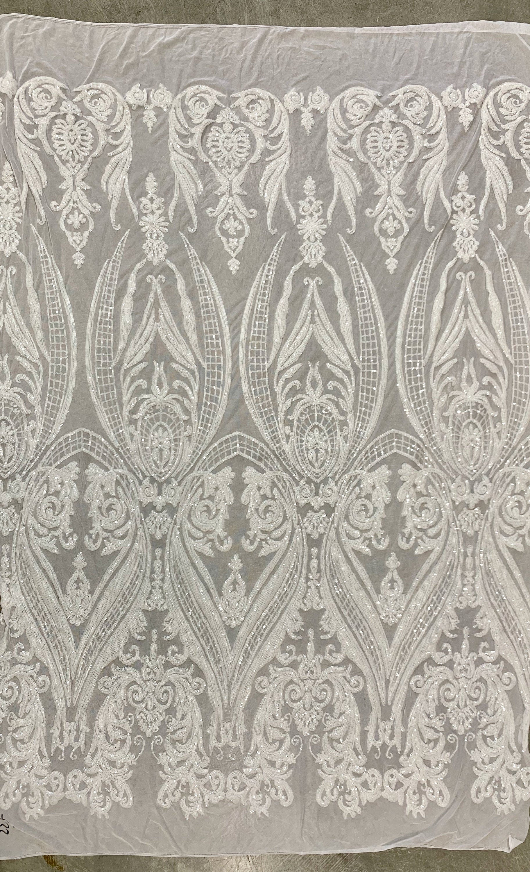 Alaina WHITE Curlicue Sequins on Mesh Lace Fabric by the Yard - 10018