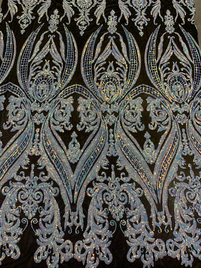 Alaina IRIDESCENT WHITE Curlicue Sequins on BLACK Mesh Lace Fabric by the Yard - 10018