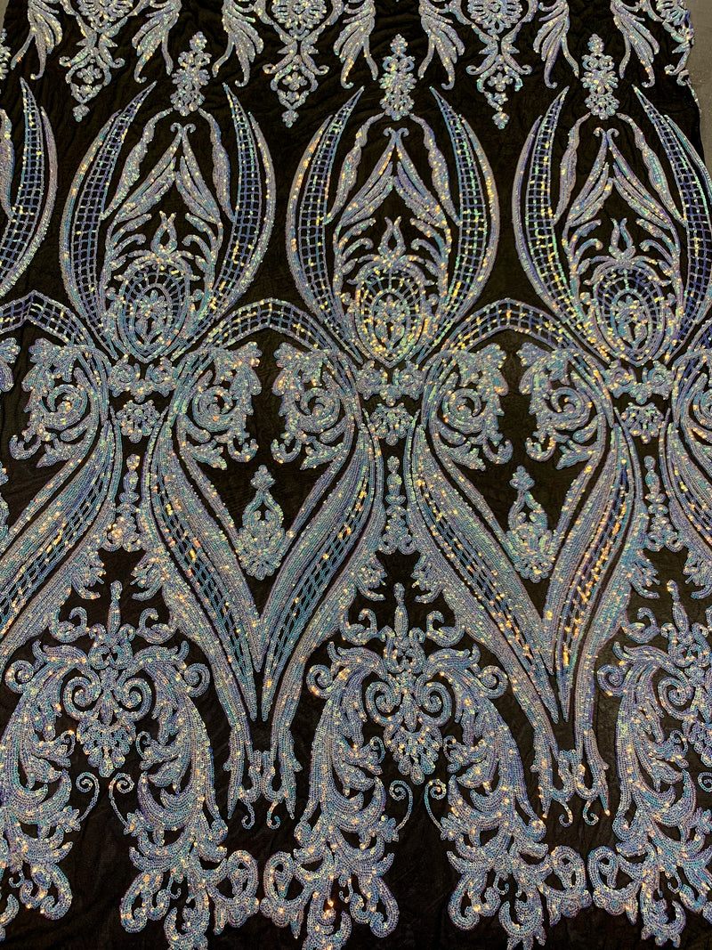 Alaina IRIDESCENT WHITE Curlicue Sequins on BLACK Mesh Lace Fabric by the Yard - 10018