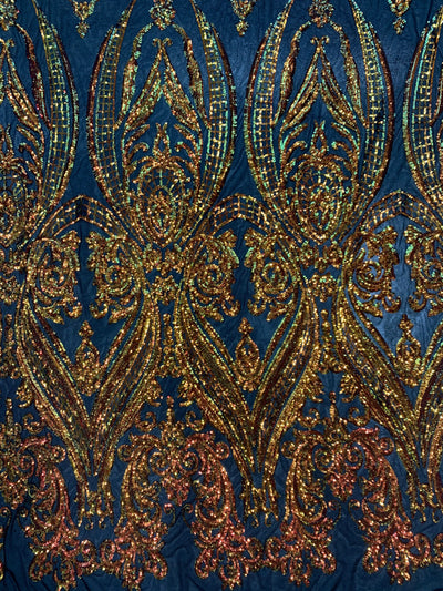 Alaina Iridescent ORANGE GOLD Curlicue Sequins on BLACK Mesh Lace Fabric by the Yard - 10018