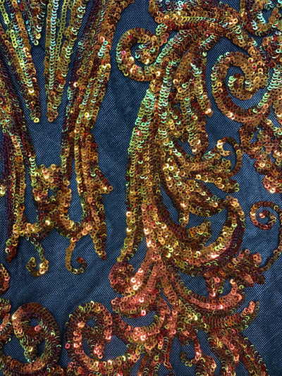 Alaina Iridescent ORANGE GOLD Curlicue Sequins on BLACK Mesh Lace Fabric by the Yard - 10018