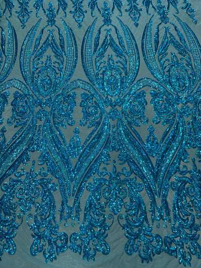 Alaina IRIDESCENT TURQUOISE Curlicue Sequins on Mesh Lace Fabric by the Yard - 10018