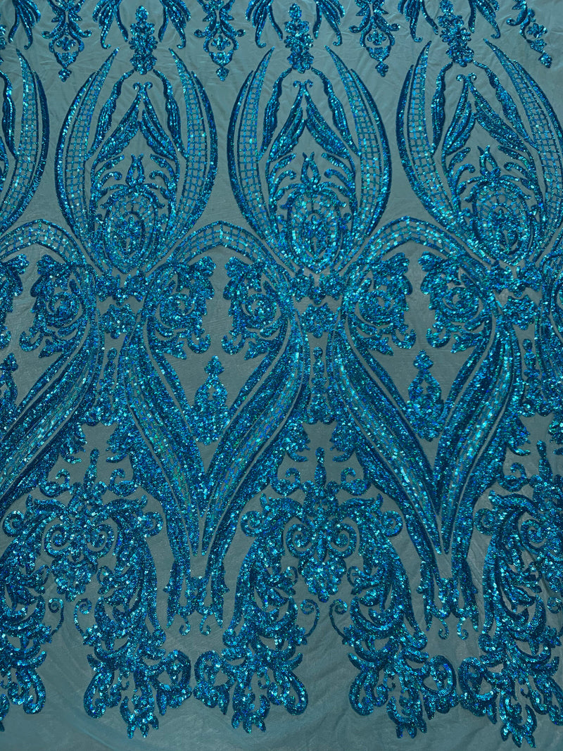Alaina IRIDESCENT TURQUOISE Curlicue Sequins on Mesh Lace Fabric by the Yard - 10018