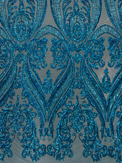 Alaina IRIDESCENT TURQUOISE Curlicue Sequins on Mesh Lace Fabric by the Yard - 10018