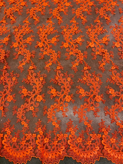 Melody NEON ORANGE Polyester Floral Embroidery with Sequins on Mesh Lace Fabric for Gown, Wedding, Bridesmaid, Prom, Crafts - 10002