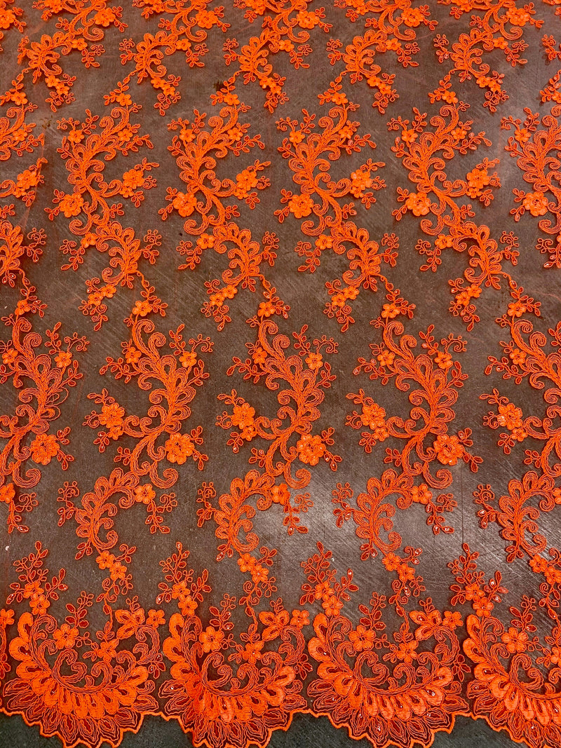 Melody NEON ORANGE Polyester Floral Embroidery with Sequins on Mesh Lace Fabric for Gown, Wedding, Bridesmaid, Prom, Crafts - 10002