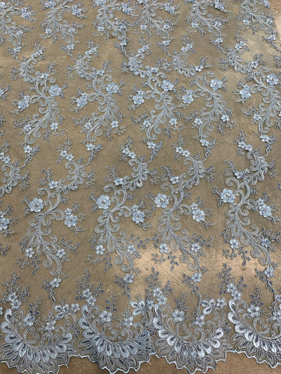 Melody LIGHT BLUE Polyester Floral Embroidery with Sequins on Mesh Lace Fabric for Gown, Wedding, Bridesmaid, Prom, Crafts - 10002