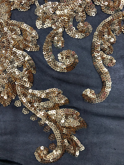 Angelica GOLD Curlicues and Leaves Sequins on BLACK Mesh Lace Fabric by the Yard - 10132