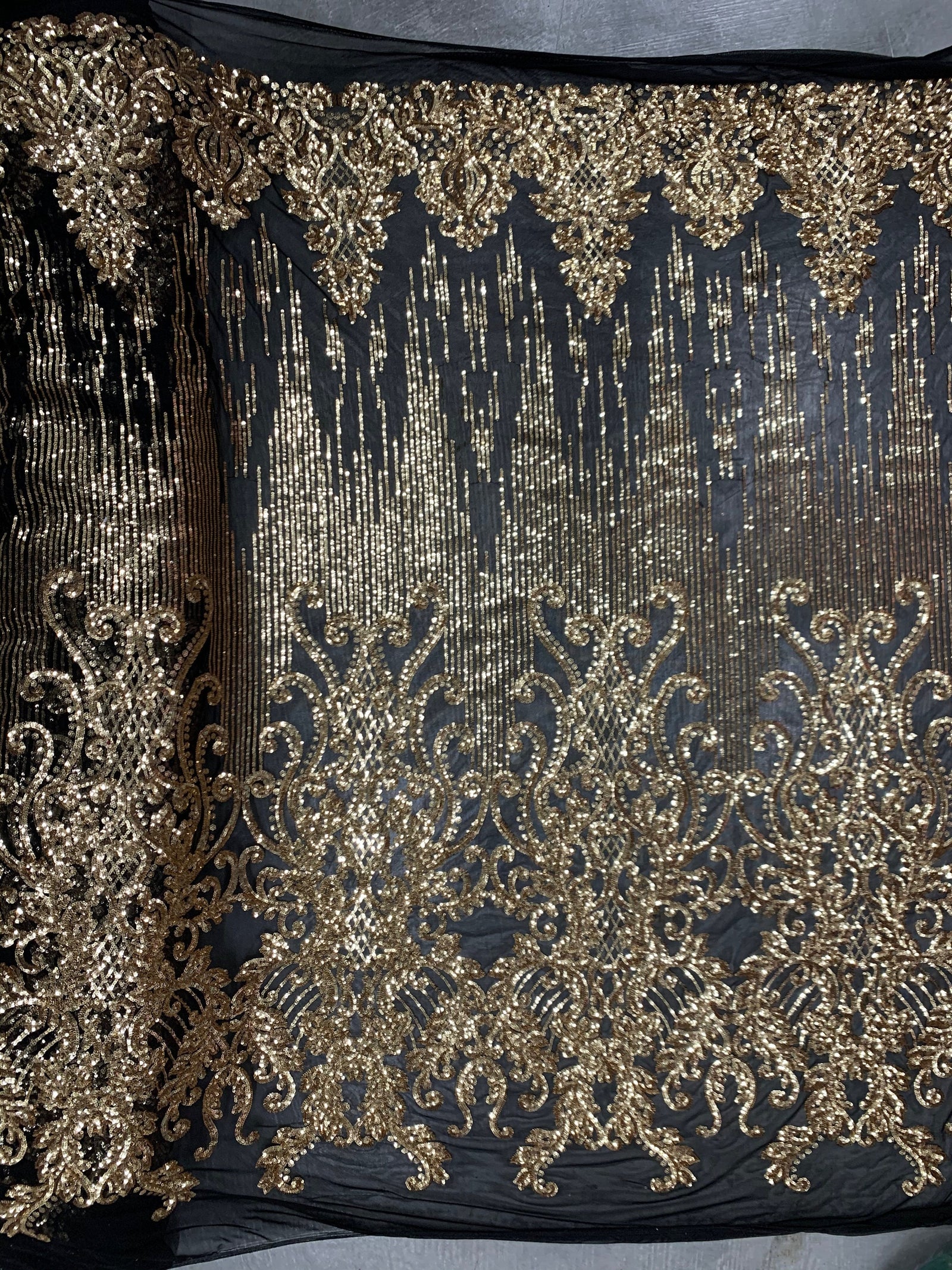 Angelica GOLD Curlicues and Leaves Sequins on BLACK Mesh Lace Fabric by the Yard - 10132