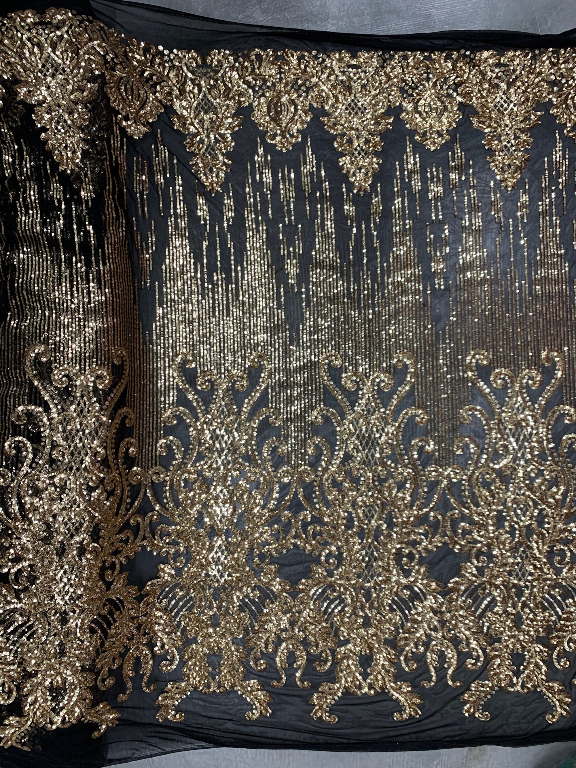 Angelica GOLD Curlicues and Leaves Sequins on BLACK Mesh Lace Fabric by the Yard - 10132
