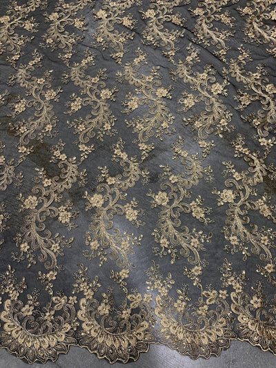 Melody GOLD Polyester Floral Embroidery with Sequins on BLACK Mesh Lace Fabric by the Yard for Gown, Wedding, Bridesmaid, Prom - 10002