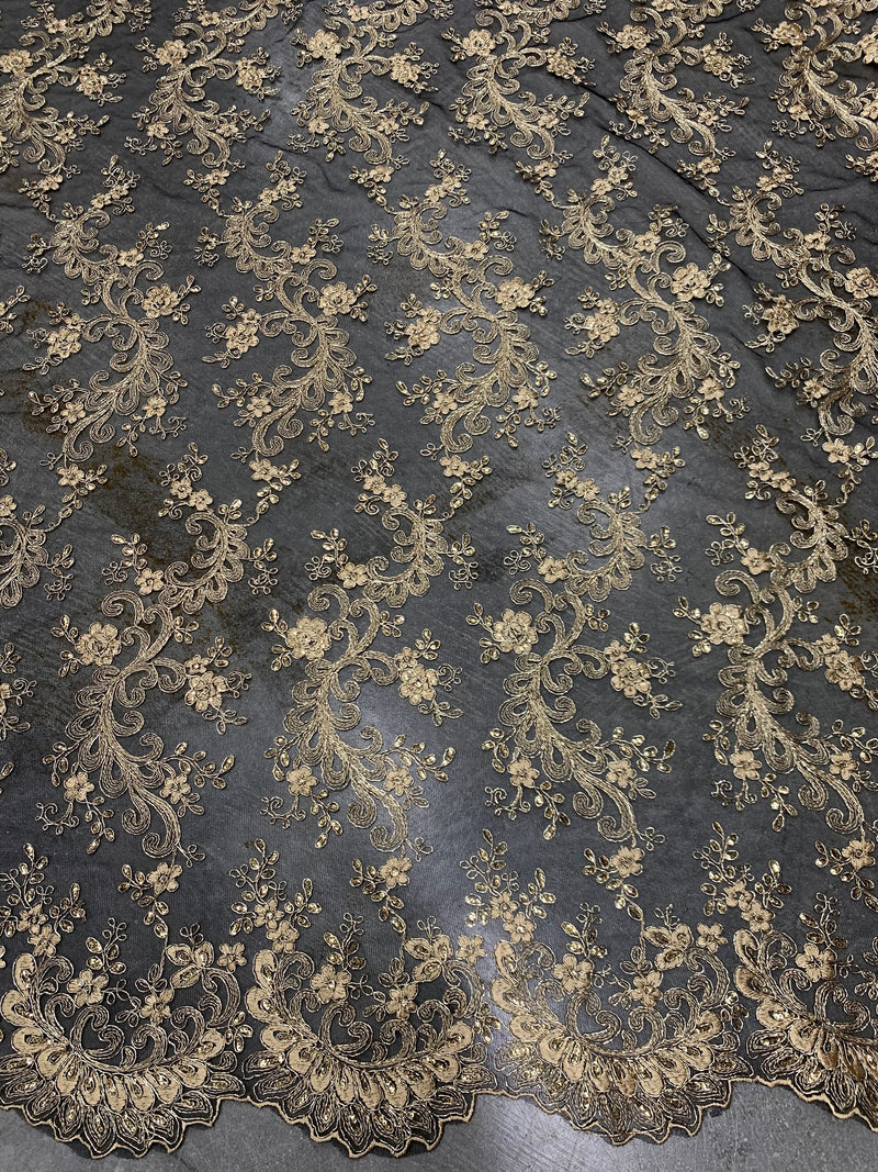 Melody GOLD Polyester Floral Embroidery with Sequins on BLACK Mesh Lace Fabric by the Yard for Gown, Wedding, Bridesmaid, Prom - 10002