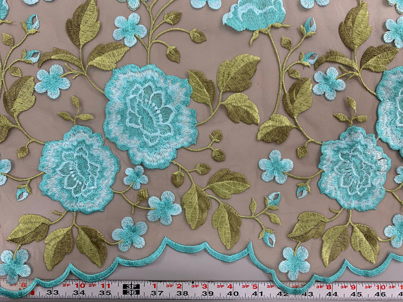 Iris TURQUOISE Floral and Leaves Embroidery on Mesh Lace Fabric by the Yard - 10006