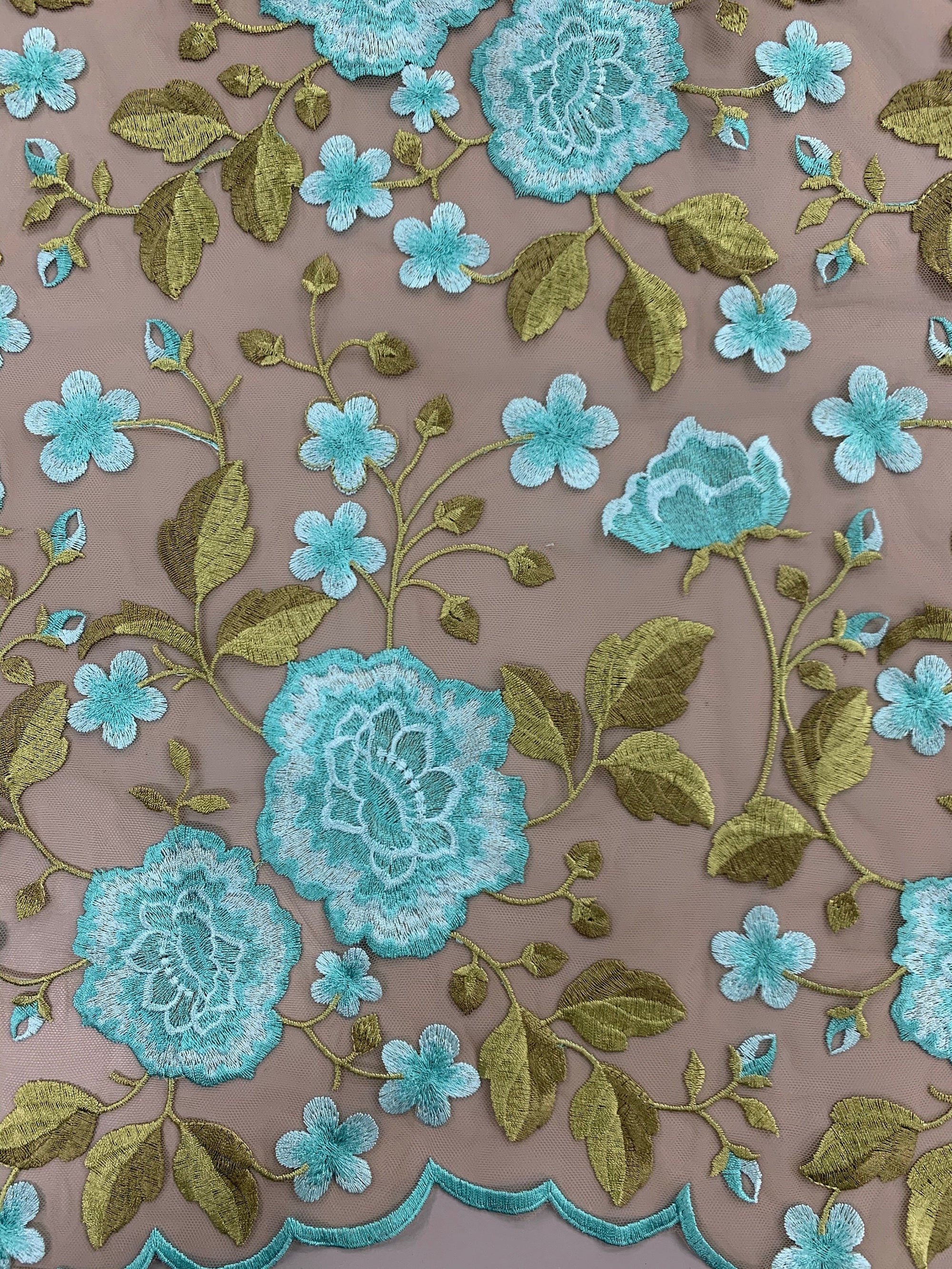 Iris TURQUOISE Floral and Leaves Embroidery on Mesh Lace Fabric by the Yard - 10006