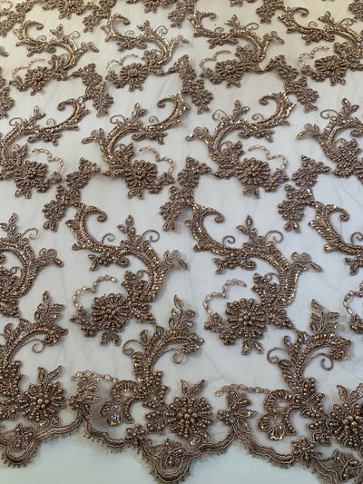 Jayla TAUPE Floral Embroidery with Beads and Sequins on Mesh Lace Fabric by the Yard - 10044
