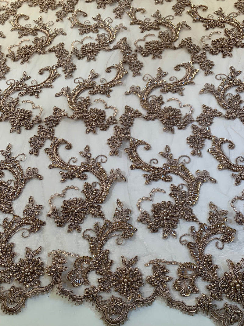 Jayla TAUPE Floral Embroidery with Beads and Sequins on Mesh Lace Fabric by the Yard - 10044