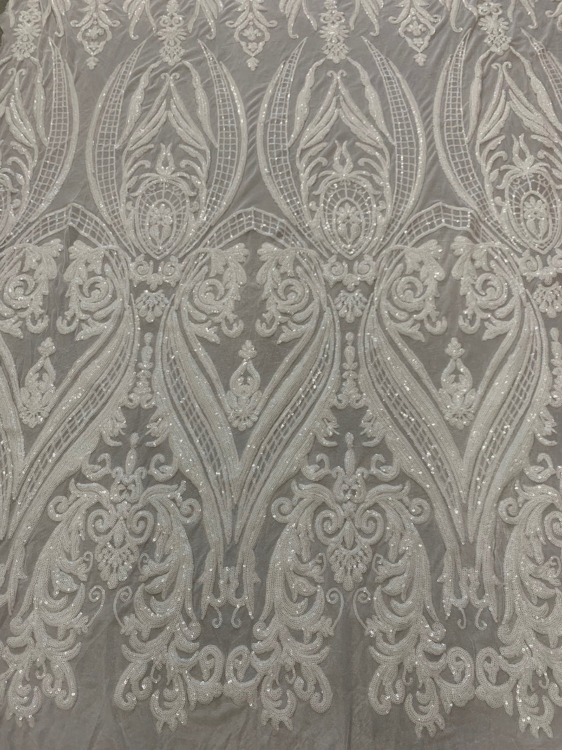 Alaina WHITE Curlicue Sequins on Mesh Lace Fabric by the Yard - 10018