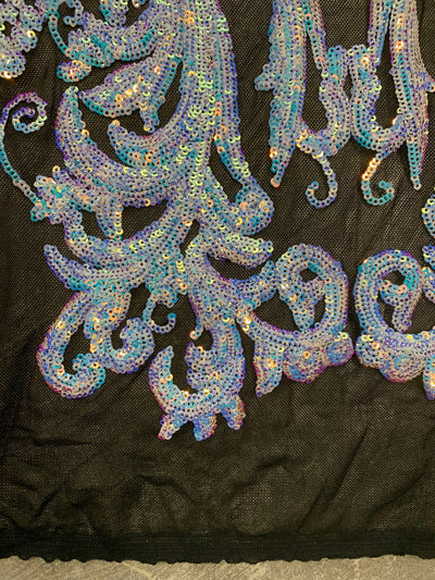 Alaina IRIDESCENT WHITE Curlicue Sequins on BLACK Mesh Lace Fabric by the Yard - 10018