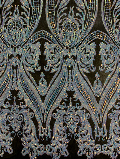 Alaina IRIDESCENT WHITE Curlicue Sequins on BLACK Mesh Lace Fabric by the Yard - 10018