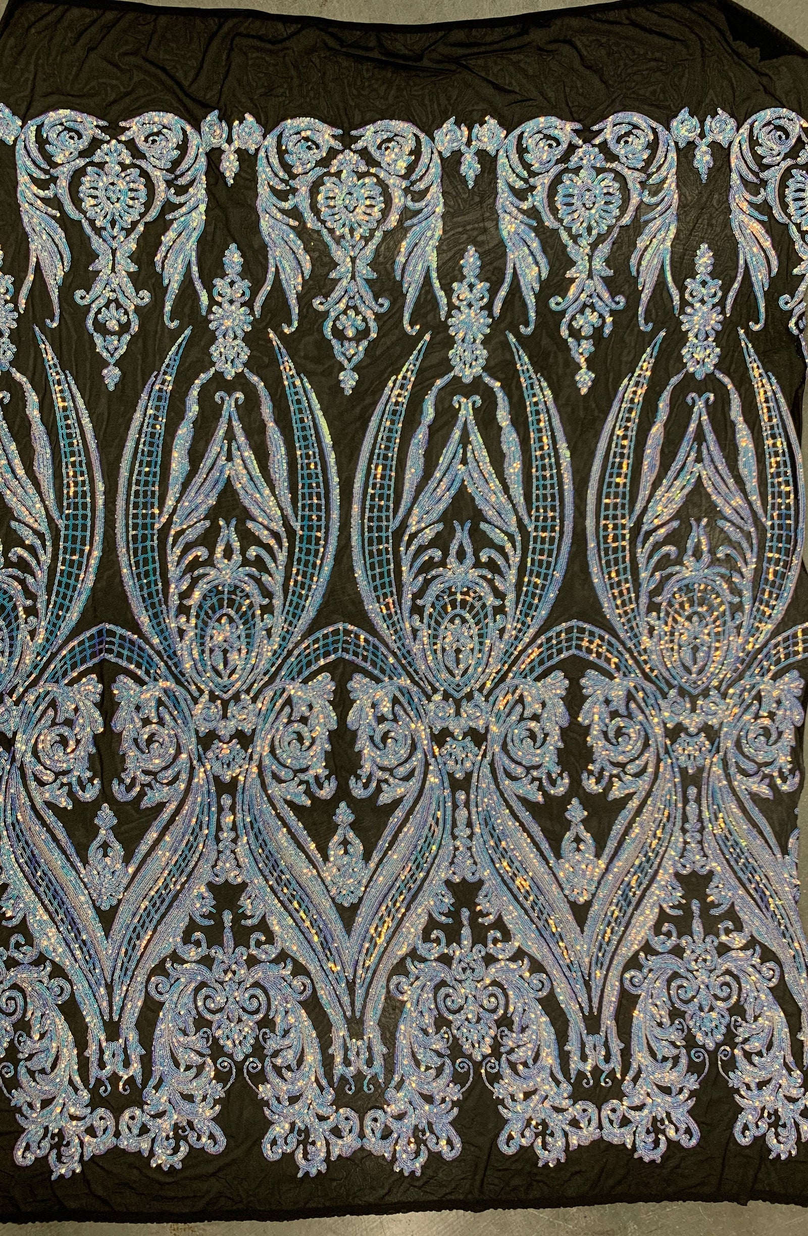 Alaina IRIDESCENT WHITE Curlicue Sequins on BLACK Mesh Lace Fabric by the Yard - 10018