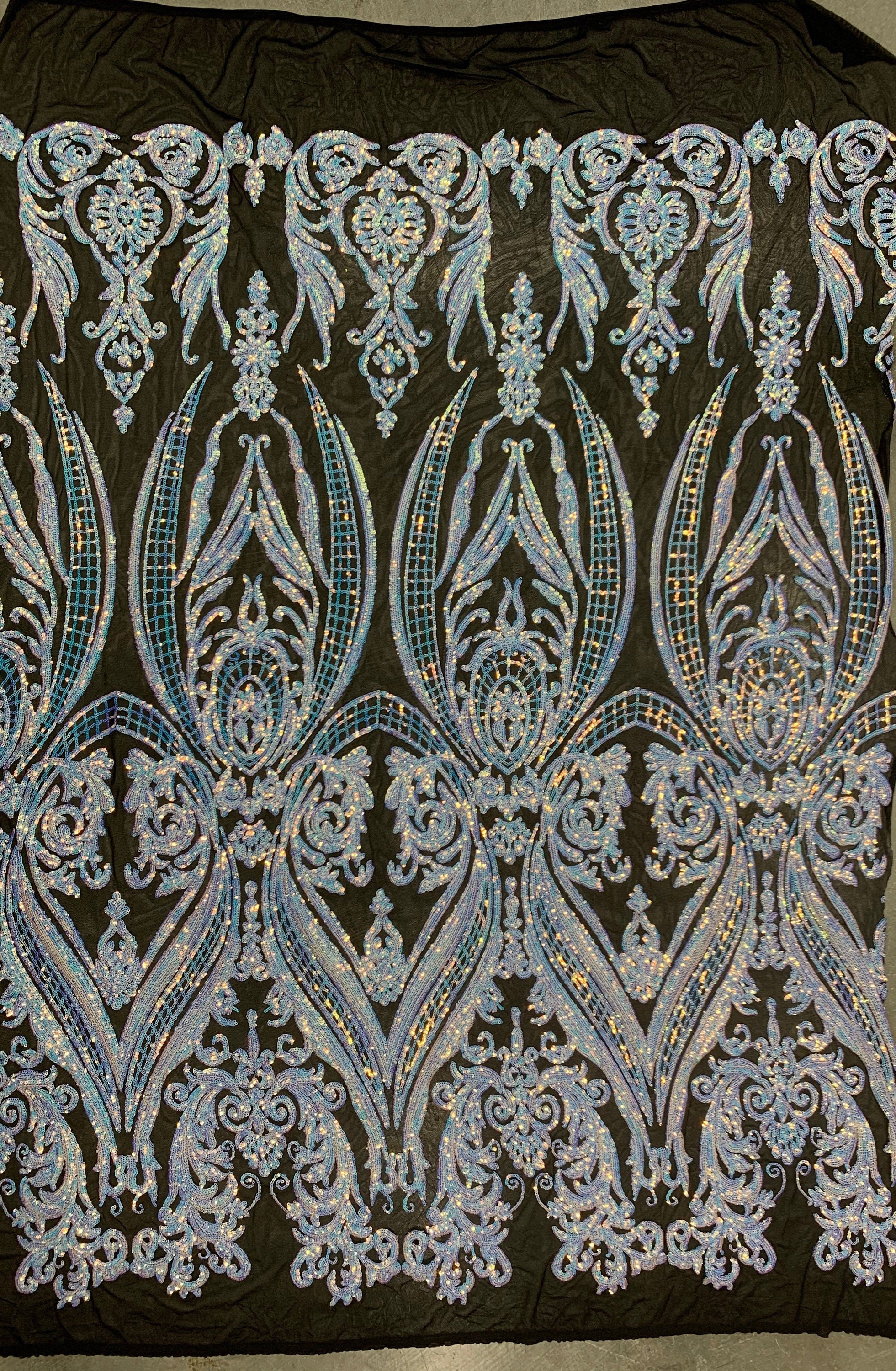 Alaina IRIDESCENT WHITE Curlicue Sequins on BLACK Mesh Lace Fabric by the Yard - 10018