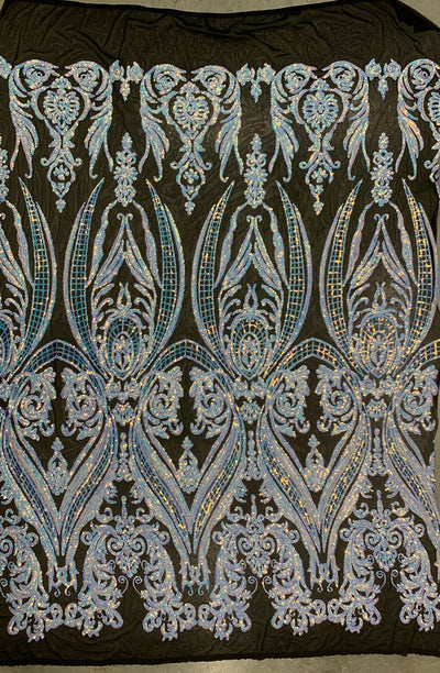 Alaina IRIDESCENT WHITE Curlicue Sequins on BLACK Mesh Lace Fabric by the Yard - 10018