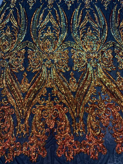 Alaina Iridescent ORANGE GOLD Curlicue Sequins on BLACK Mesh Lace Fabric by the Yard - 10018