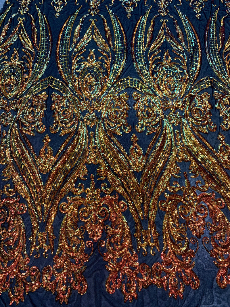 Alaina Iridescent ORANGE GOLD Curlicue Sequins on BLACK Mesh Lace Fabric by the Yard - 10018