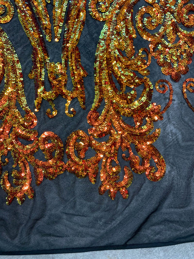 Alaina Iridescent ORANGE GOLD Curlicue Sequins on BLACK Mesh Lace Fabric by the Yard - 10018