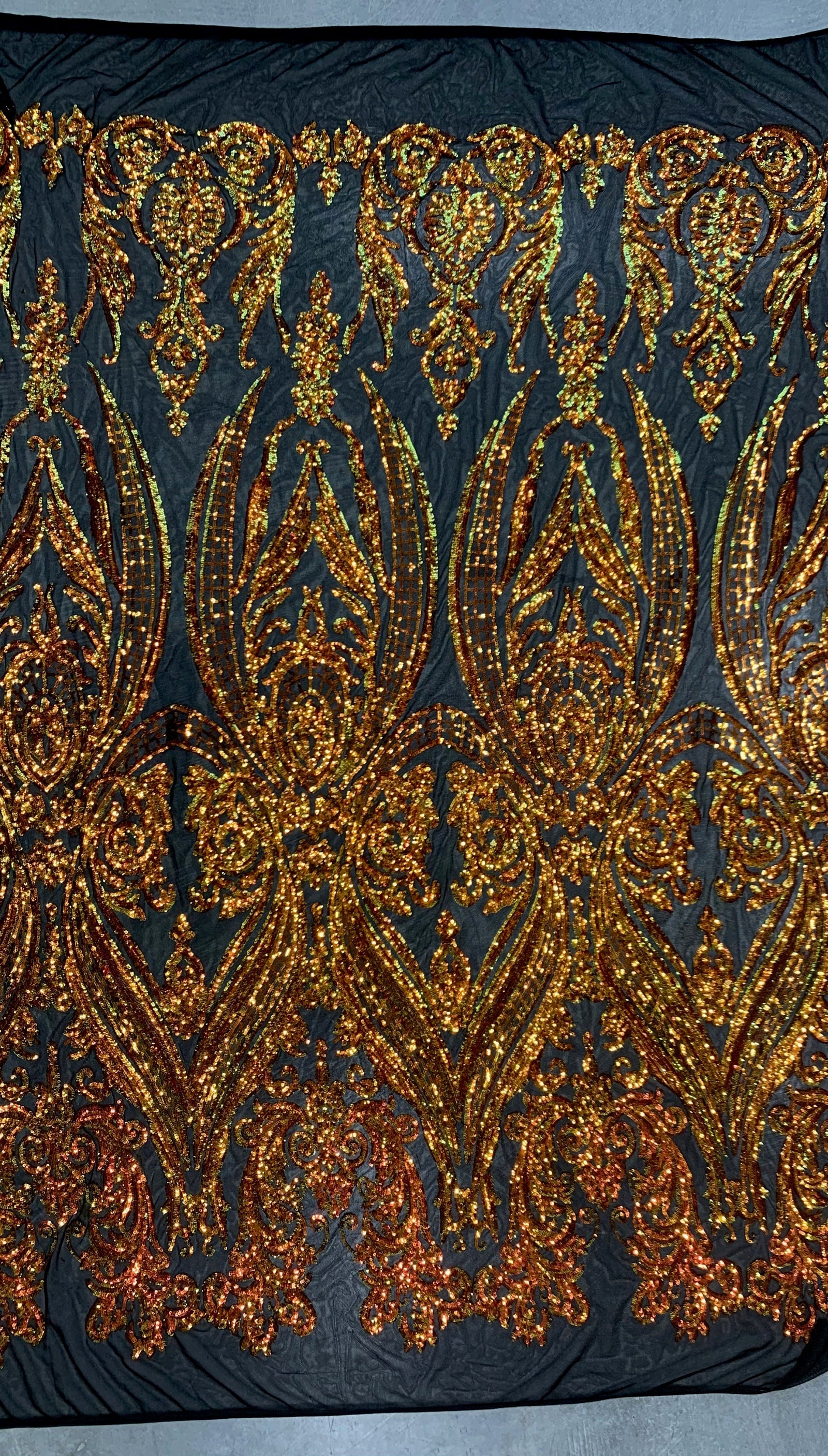 Alaina Iridescent ORANGE GOLD Curlicue Sequins on BLACK Mesh Lace Fabric by the Yard - 10018