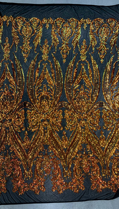 Alaina Iridescent ORANGE GOLD Curlicue Sequins on BLACK Mesh Lace Fabric by the Yard - 10018