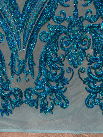 Alaina IRIDESCENT TURQUOISE Curlicue Sequins on Mesh Lace Fabric by the Yard - 10018