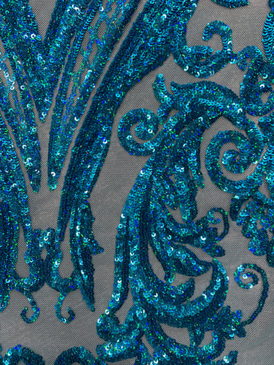 Alaina IRIDESCENT TURQUOISE Curlicue Sequins on Mesh Lace Fabric by the Yard - 10018