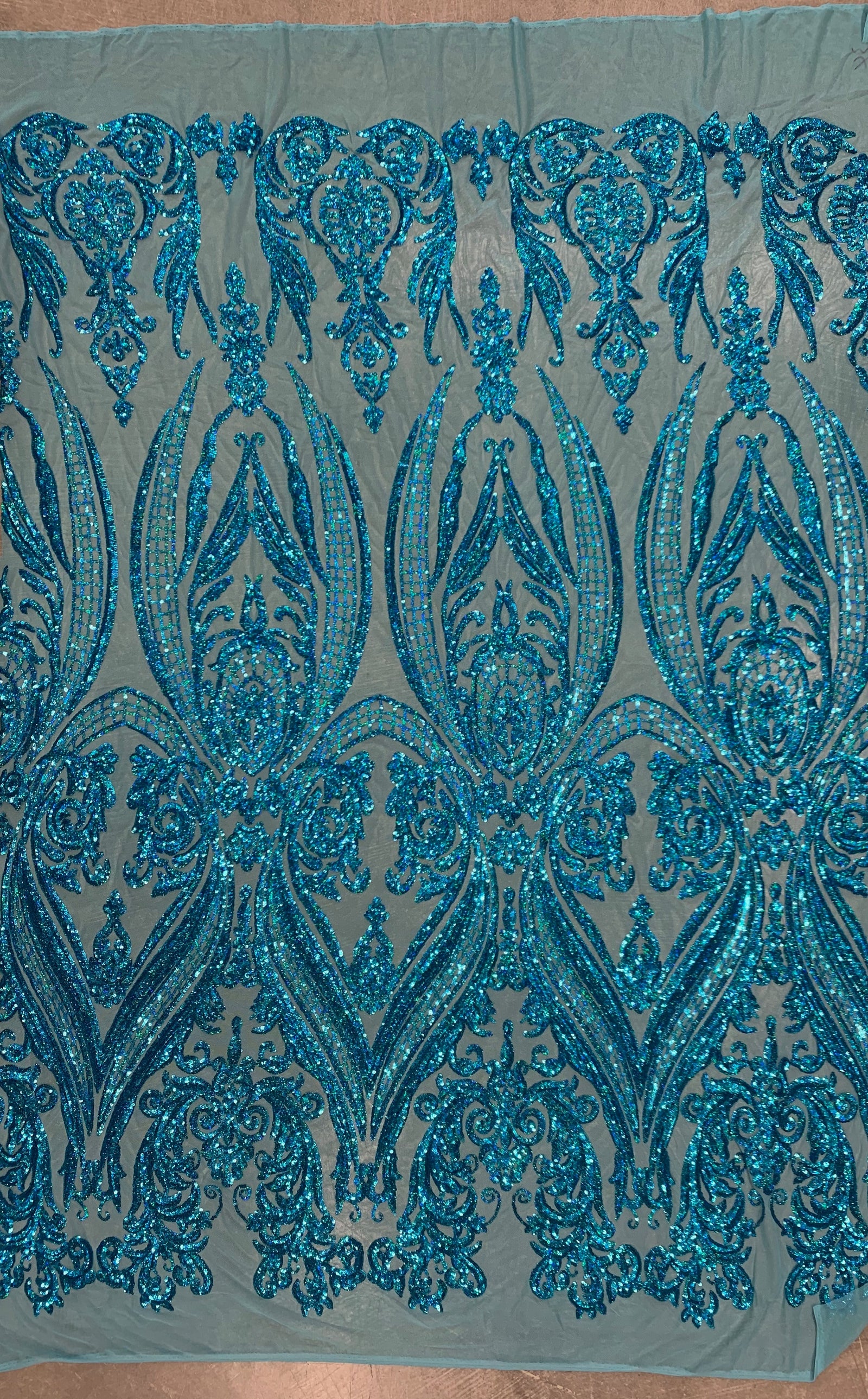 Alaina IRIDESCENT TURQUOISE Curlicue Sequins on Mesh Lace Fabric by the Yard - 10018