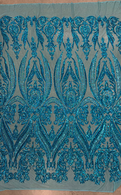 Alaina IRIDESCENT TURQUOISE Curlicue Sequins on Mesh Lace Fabric by the Yard - 10018