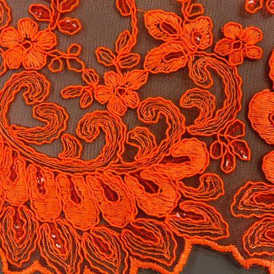 Melody NEON ORANGE Polyester Floral Embroidery with Sequins on Mesh Lace Fabric for Gown, Wedding, Bridesmaid, Prom, Crafts - 10002