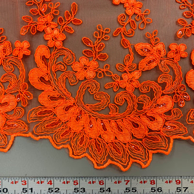 Melody NEON ORANGE Polyester Floral Embroidery with Sequins on Mesh Lace Fabric for Gown, Wedding, Bridesmaid, Prom, Crafts - 10002
