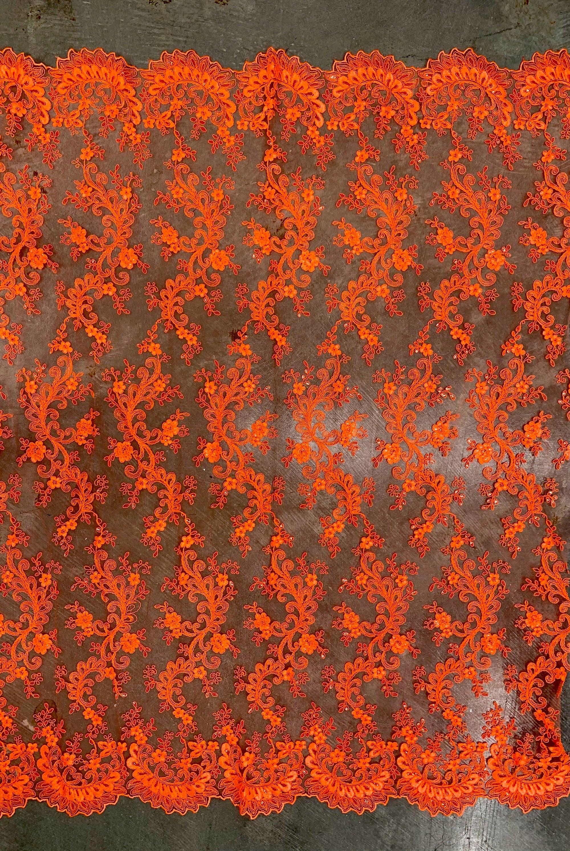 Melody NEON ORANGE Polyester Floral Embroidery with Sequins on Mesh Lace Fabric for Gown, Wedding, Bridesmaid, Prom, Crafts - 10002