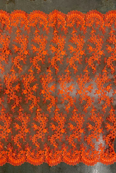 Melody NEON ORANGE Polyester Floral Embroidery with Sequins on Mesh Lace Fabric for Gown, Wedding, Bridesmaid, Prom, Crafts - 10002