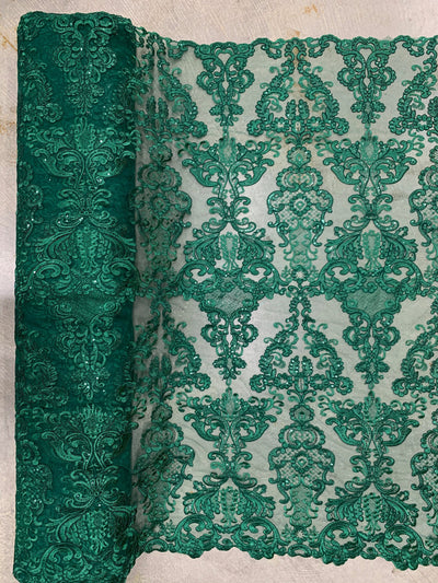 Vivian HUNTER GREEN Polyester Embroidery with Sequins on Mesh Lace Fabric by the Yard for Gown, Wedding, Bridesmaid, Prom - 10003