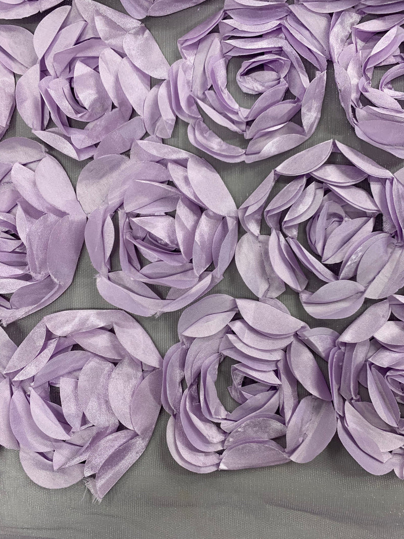 Maci LAVENDER 3D Floral Polyester Satin Rosette on Mesh Fabric by the Yard - 10057