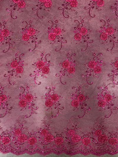 Ryleigh FUCHSIA 3D Floral Embroidery with Foil & Sequins on Mesh Lace Fabric by the Yard - 10010