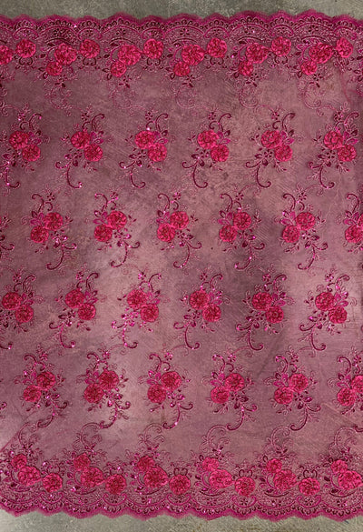 Ryleigh FUCHSIA 3D Floral Embroidery with Foil & Sequins on Mesh Lace Fabric by the Yard - 10010
