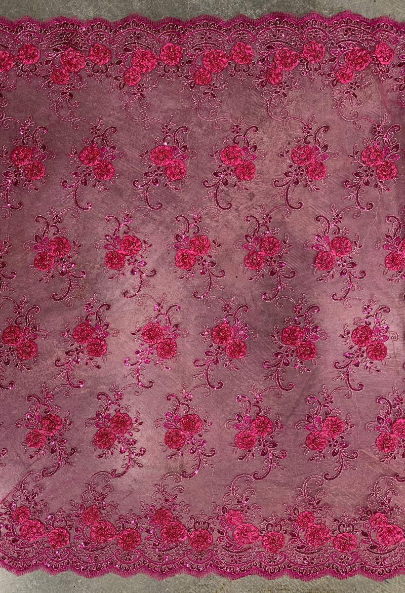 Ryleigh FUCHSIA 3D Floral Embroidery with Foil & Sequins on Mesh Lace Fabric by the Yard - 10010