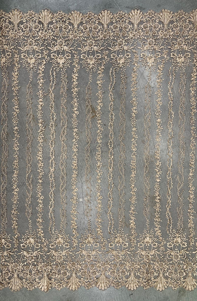 Daphne CHAMPAGNE GOLD Faux Pearls Beaded Flowers and Vines Lace Embroidery on Mesh Fabric by the Yard - 10103